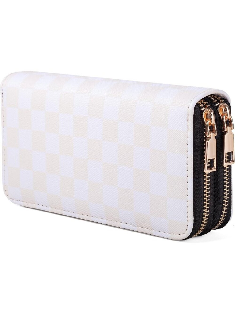 Beige Checkered Double Zip Wallet - Large Plaid Clutch, Smooth Zippers, Travel
